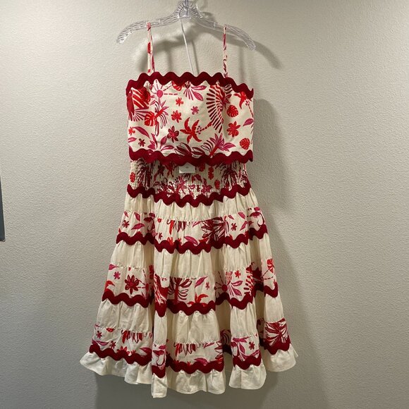 CAROLYN CONSTAS (NWT) 2 Piece Linen Blend Skirt/Crop Top Tropical, Ivory/Red - L - Picture 1 of 12